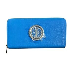 Blue Faux Leather Wallet Wristlet with Gold Accent and Multiple Zipper Pockets